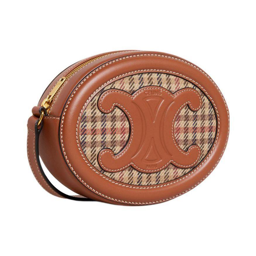 Celine Triomphe Logo Embossed Oval Fabric And Leather Mooncake Bag Wallet Crossbody Shoulder Bag Women Bags Brown 10I702EQH-14ML