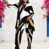 Women Plus Size Round Neck Long Sleeve Printed Layered Top Wide Leg Pants Two Piece Set