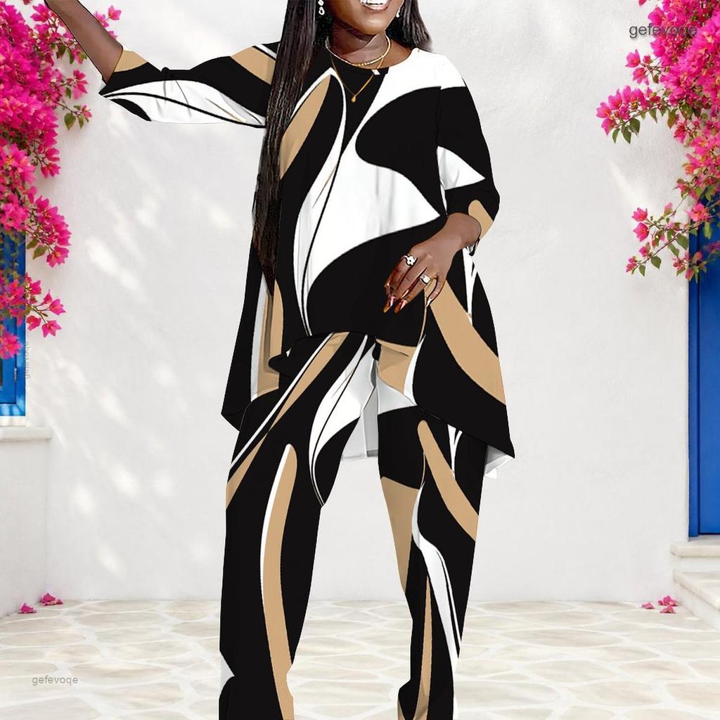 Women Plus Size Round Neck Long Sleeve Printed Layered Top Wide Leg Pants Two Piece Set