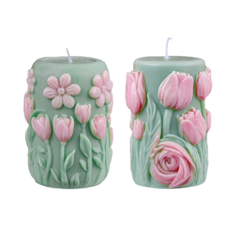 Flower Embossed Cylinder Shape Silicone Molds for Epoxy Resin Making Candle Soap Heat Resistant Floral Silicone Mould