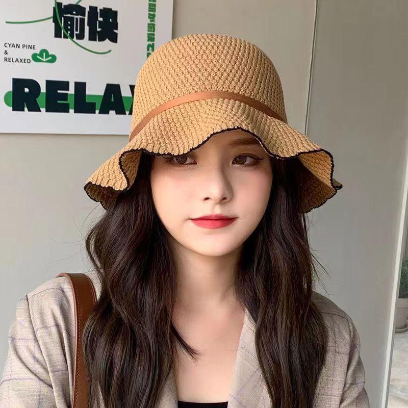 Fashion Solid Color Straw Hat for Women Summer Ruffle Wide Brim Sunshade Ribbon Bow Fisherman Cap Female Outdoor Basin Hat