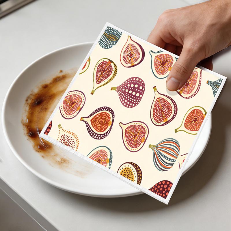 6PCS Cleaning Dishcloths Reusable Kitchen Dish Towels Vintage Fig Fruits Pattern Dishcloth Absorbent Lint Free Cloth Washable Duster Rags Tea Towels