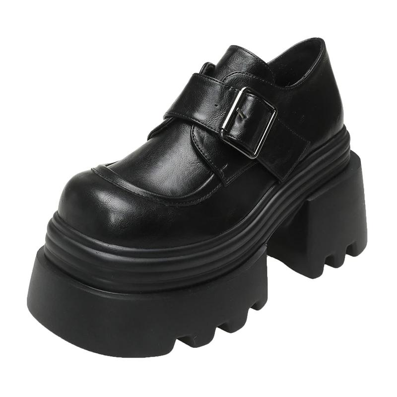 Fashion 10CM Heels Buckle Casual Leather Shoes New 2025 Spring Women Chunky Sneakers Comfortable Pumps High Platform Walking Shoes Woman