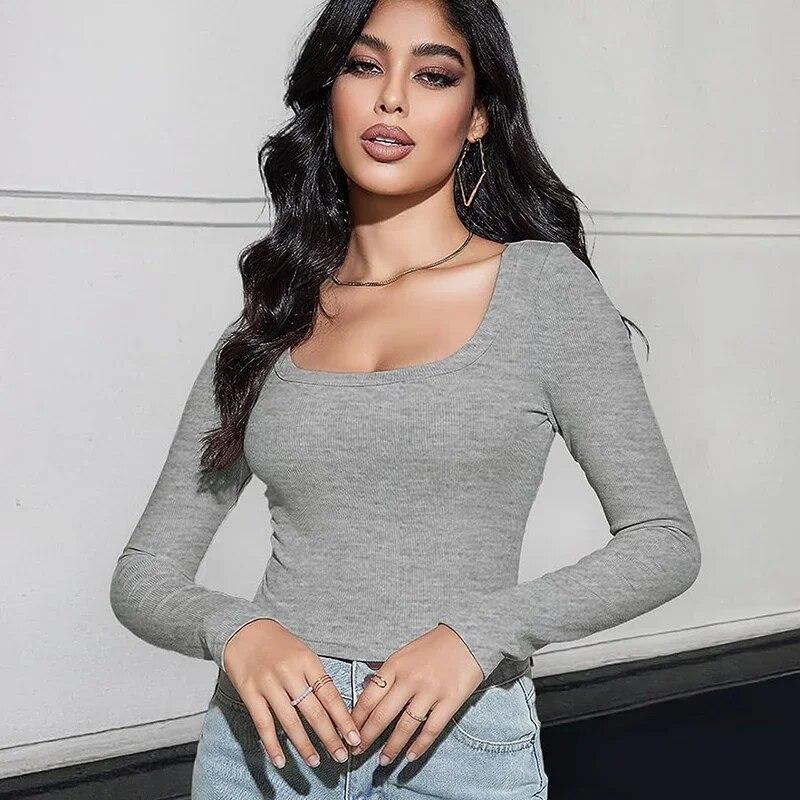 Autumn Slim Fit Square Neck Knit T-shirt Women Solid Long Sleeve Short Tshirts Female Fashion Tops Casual Sexy Tees Blusas 30288