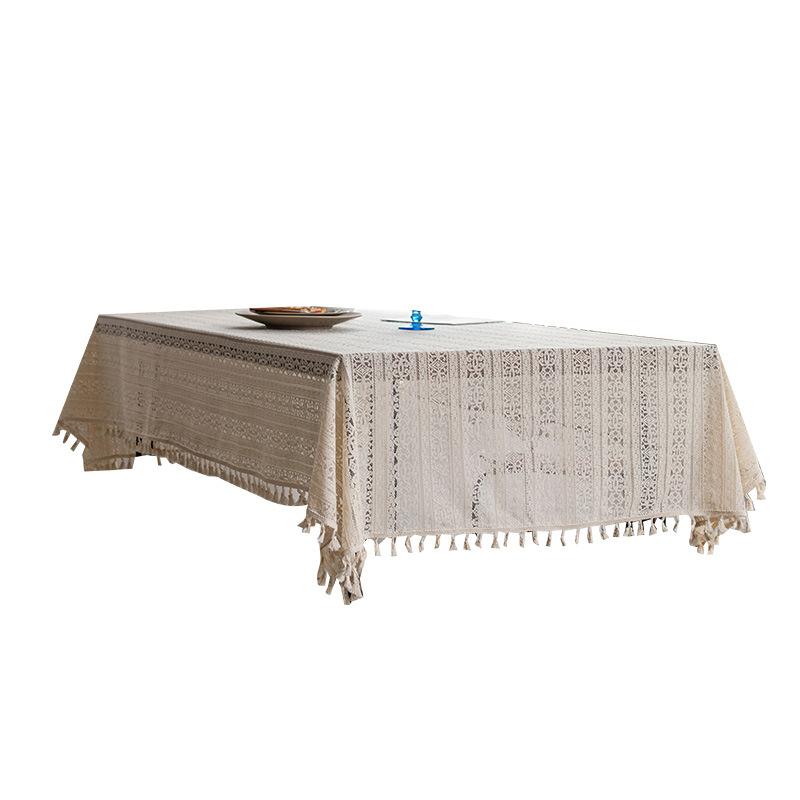 White Lace Embroidered Cotton Linen Tablecloth with Fringe Decoration for Dining Table Tea Table Cover