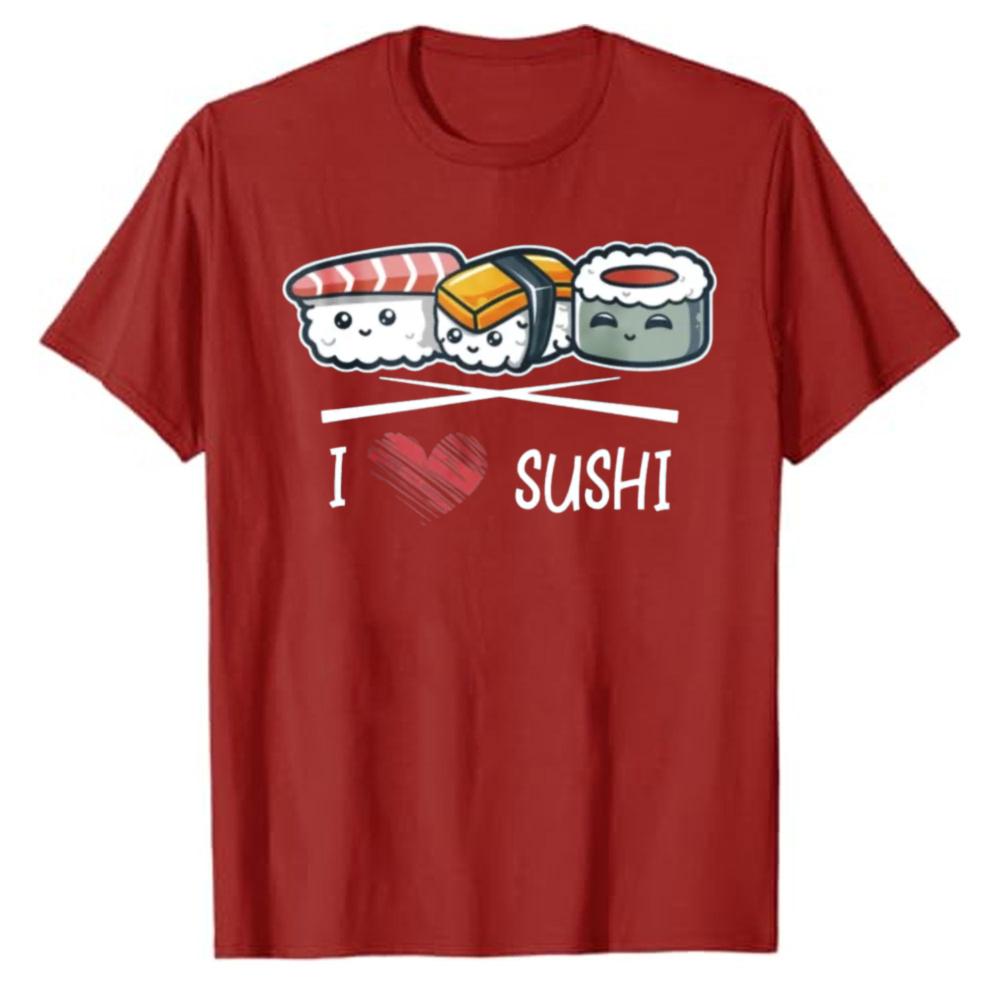 I Love Sushi Red Heart Cute Cartoon Nigiri Sushi Graphic Cotton Tshirt Food Lover Retro Streetwear Short Sleeve Daily Casual Tee