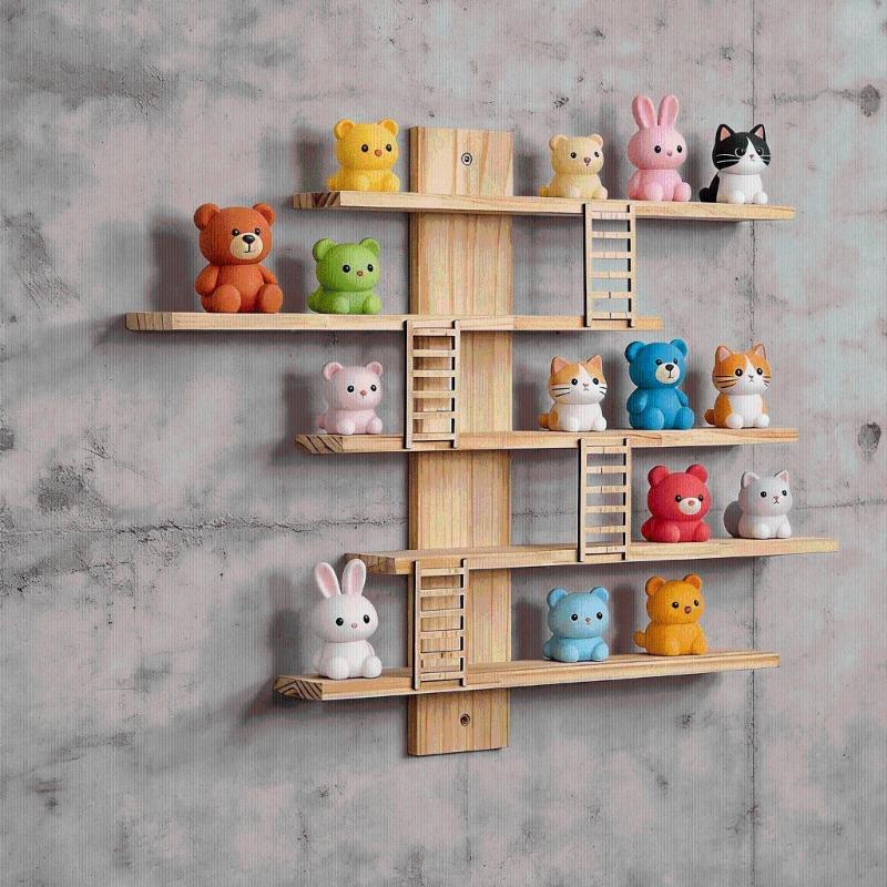 Wooden Wall Mounted Organizer For Dolls And Action Figures Natural Finish Home Decoration Display Rack