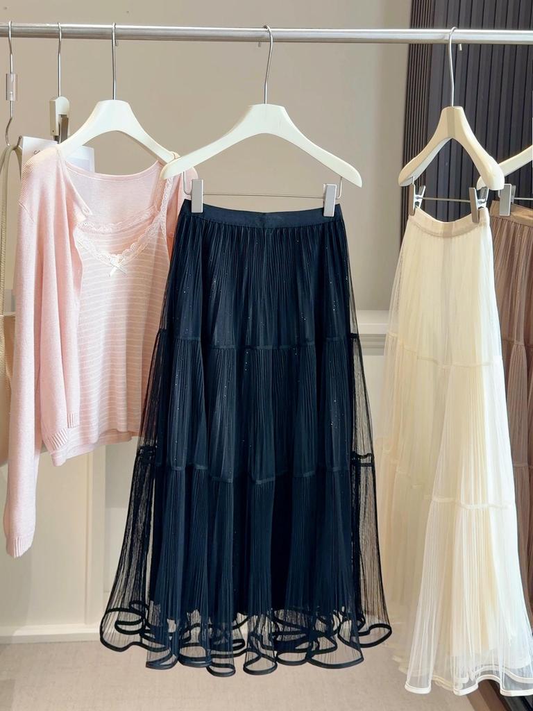 Women's French Shimmering Mesh A-Line Pleated Skirt, Spring/Summer 2026 Trend, Mid-Length with Large Hem