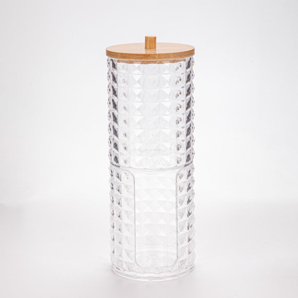 Suport transparent pentru bețișoare de bumbac cu model de diamant - capac din bambus, cutie rotundă portabilă pentru depozitarea cosmeticelor