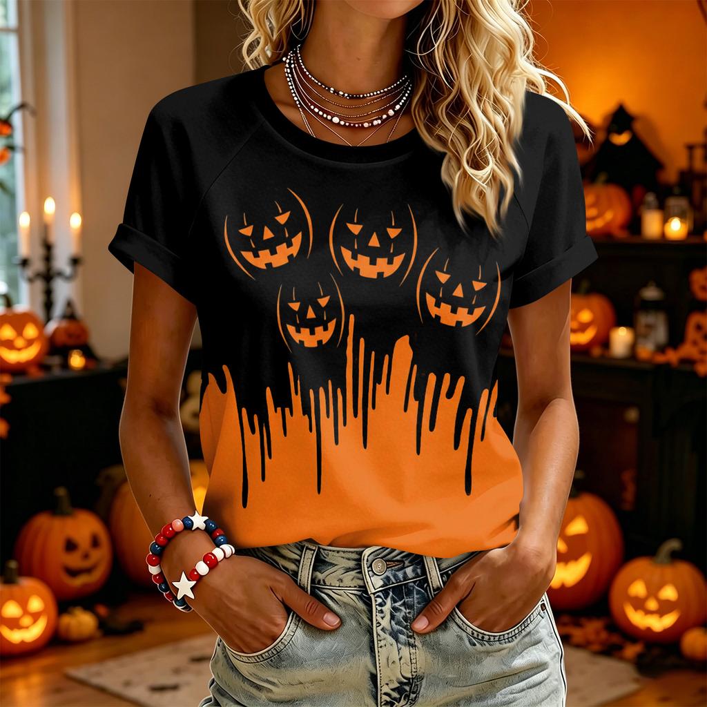 Women’s Casual Halloween Graphic Short Sleeve T-Shirt with Pumpkin Print Pattern Loose Fit Crewneck Top for Daily Wear