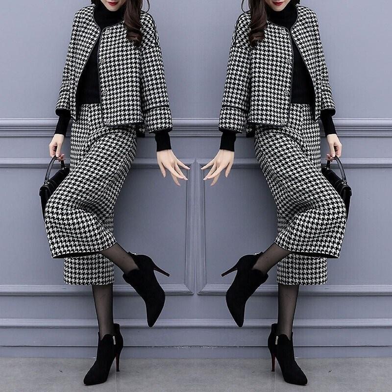 

Костюм в гонконгском стиле Женский Ретро Шерстяной Осенне-зимний Западный стиль Свободная Короткая куртка Брюки клеш Двойка Тренд XXXL