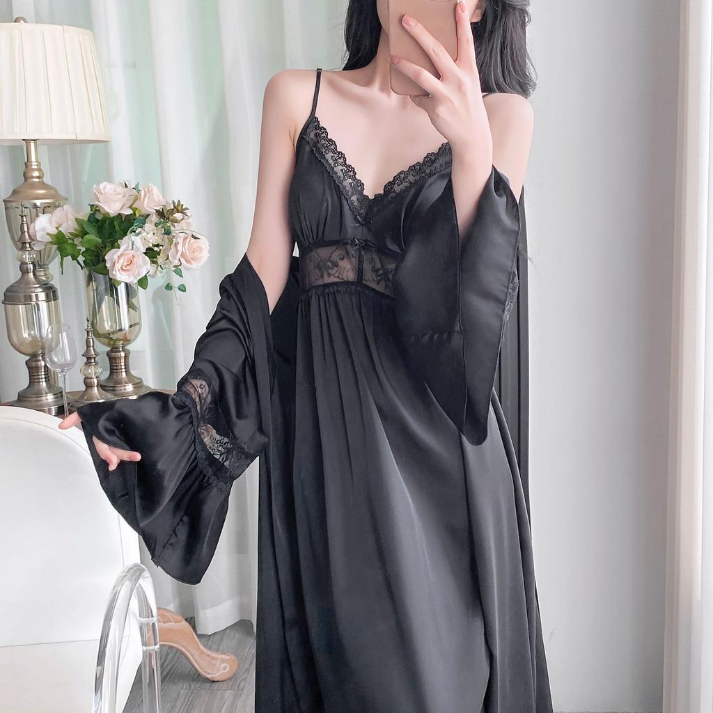Spring and summer Japanese sweet suspender nightgown women's sexy thin suspender ice silk nightdress pure desire style nightgown long sleeves