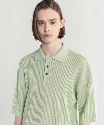 BLOND9 Cotton Rib Collar Short Sleeve Knit_Greenery