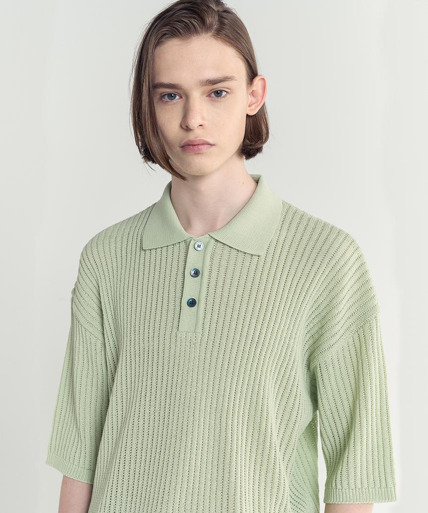 BLOND9 Cotton Rib Collar Short Sleeve Knit_Greenery