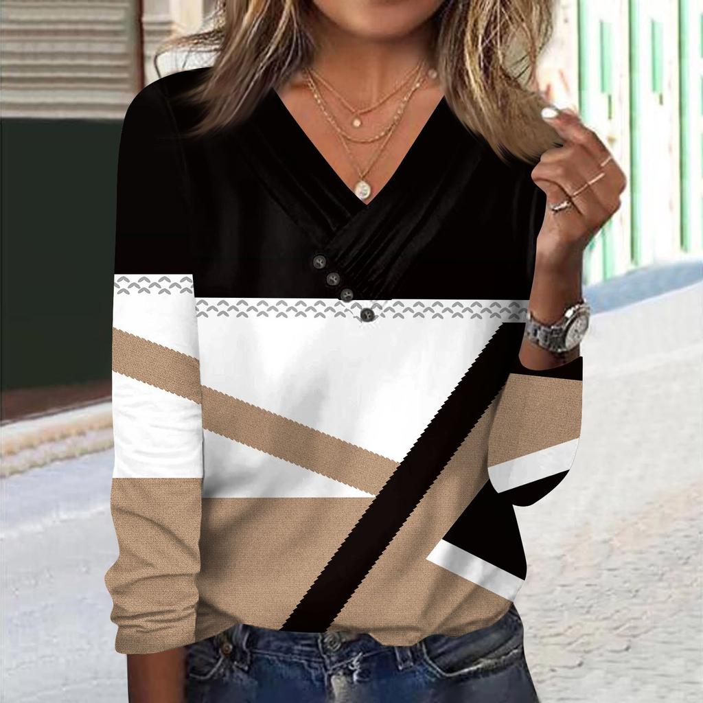 Womens Long Sleeve Tops Fall V Neck Long Sleeve Blouses Loose Fit Button Prints Casual Tees Clothes