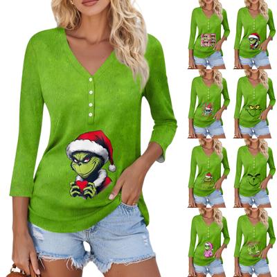 Top Feminino Casual Fashion Sexy Confortável Estampa de Natal Decote V Botão Manga Três Quartos
