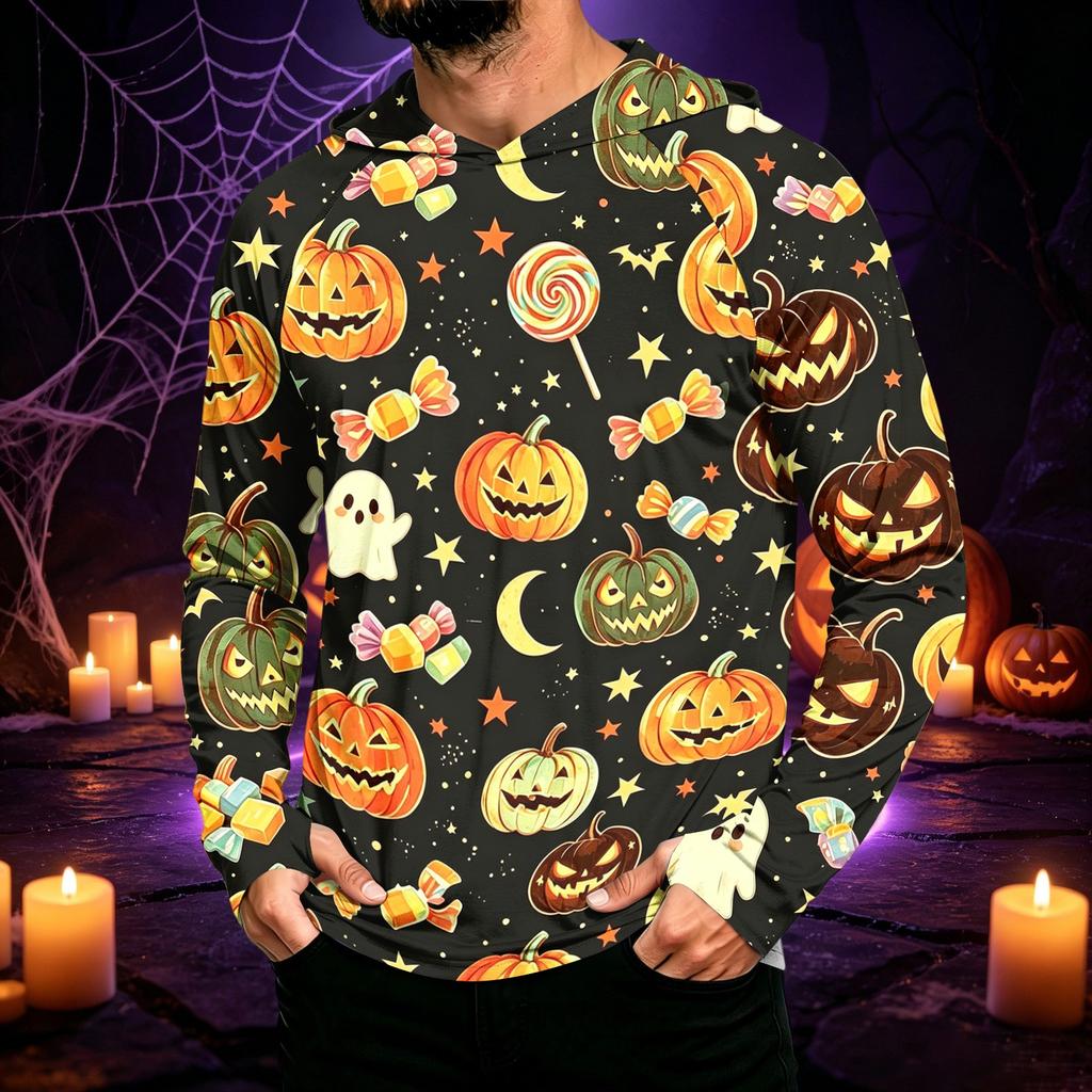 Men's Long Sleeve Sun Hoodie with Halloween Print for Outdoor Activities