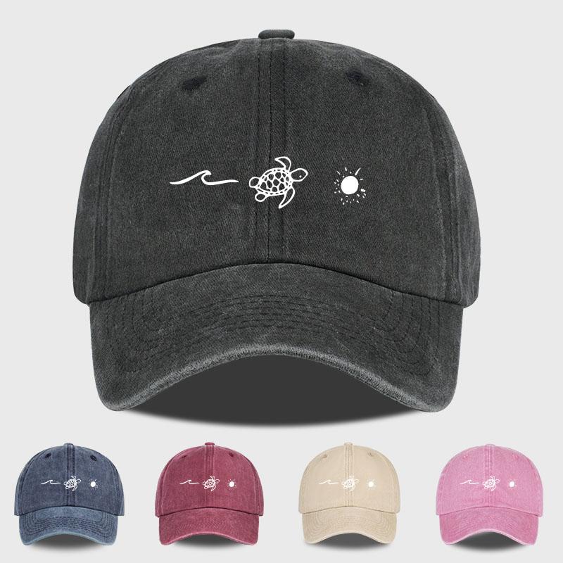 Retro Washed Baseball Cap With Wave, Turtle, And Sun Print – Unisex Adjustable Dad Cap – Summer Beach Sun Hat