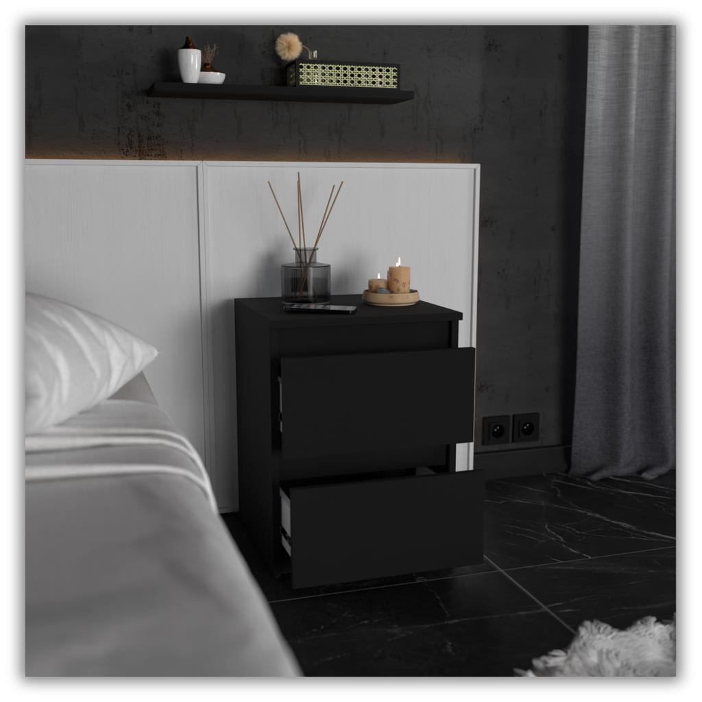 Black Bedside Cabinet 40Cm 2 Drawers Large High Bedside Table Nakastlik Loft