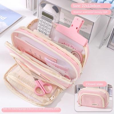 Large Capacity Portable Pencil Case Stationery Storage Pouch Pen Bag School Pencil Storage Bag Multi-functional Solid Color