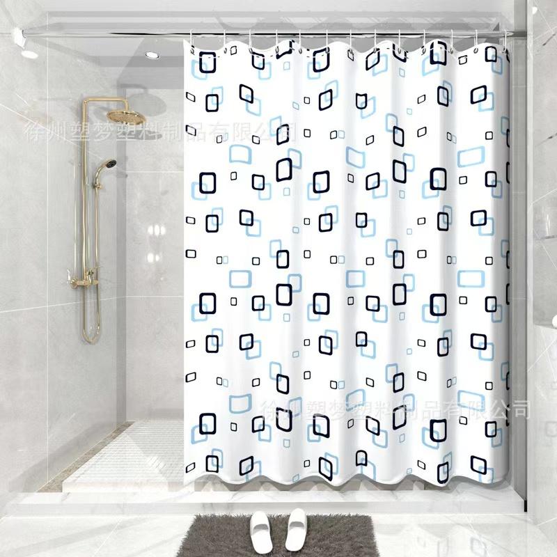 Modern Square Pattern Peva Shower Curtain, Black & Sky Blue Geometric Design Bathroom Decor With 12 Hooks