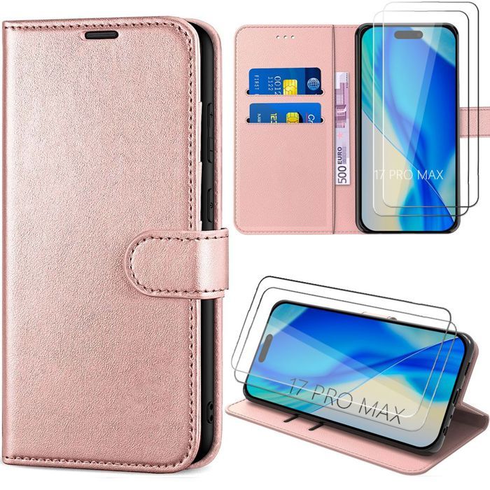 Coque pour iPhone 17 Pro Max - BOOLING - Rabat Anti-Rayures Antichoc Synthécuir Rose - 2 Verres Trempés