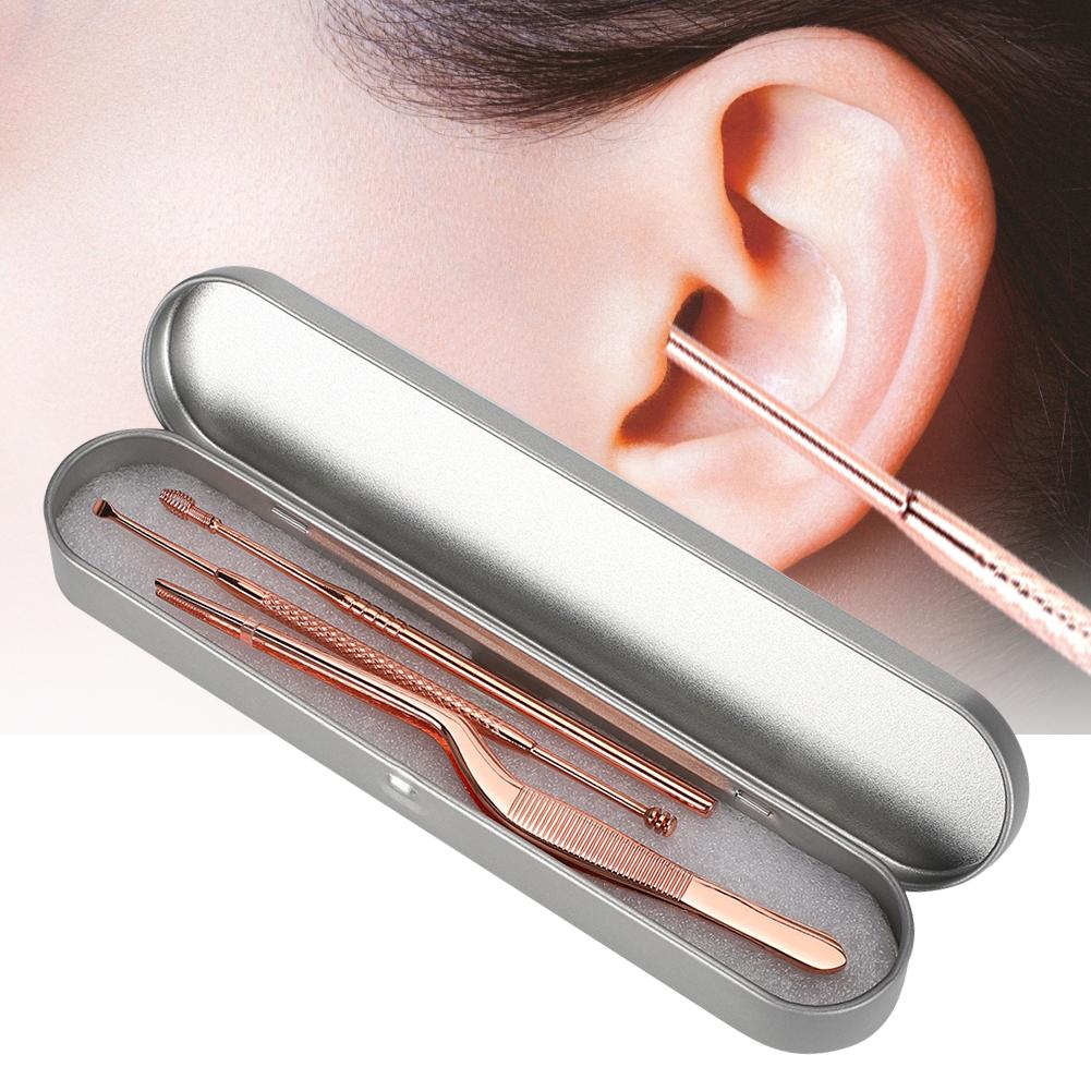 3pcs Stainless Steel Ear Pick Double Head Ear Wax Remover Curette Tweezers Set (Rose Gold)