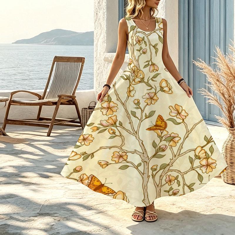 Summer Floral Tank Dress Comfortable Loose Sleeveless Long Dress for Daily Commute,Vacation,Versatile Spring & Fall Layering