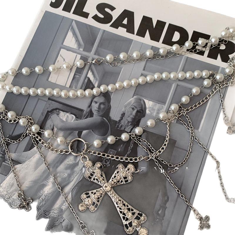 Mary Diamond-studded hollow cross tassel pearl necklace & waist chain - premium belt accessory