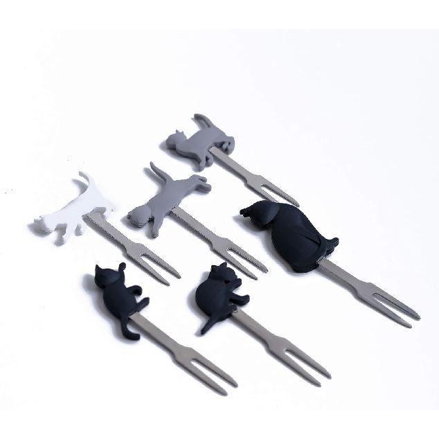 Cocktail Forks, 6-Piece Appetizer Forks, Cat Shapes, Stainless Steel and Silicone Small Forks for Fruits, Cheese, Appetizers