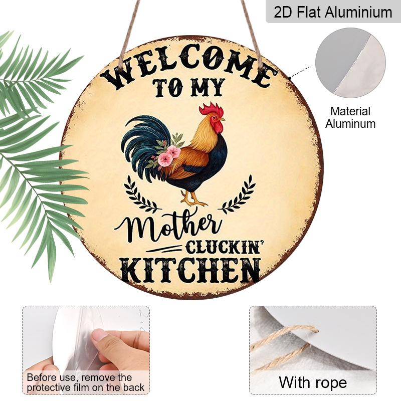 2D Flat 1pc, 8x8 in, Welcome To My Mother'S Kitchen Round Aluminum Metal Sign - Rustic Farmhouse Wall Decor with Rooster & Laurel Design, Perfect for