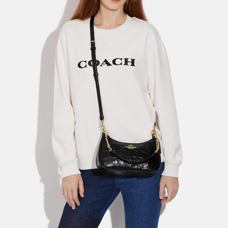 New COACH Teri Crocodile Pattern Embossed Leather Shoulder Bag, Handbag, Shoulder Bag Women's Solid Color Black CC322-IMBLK
