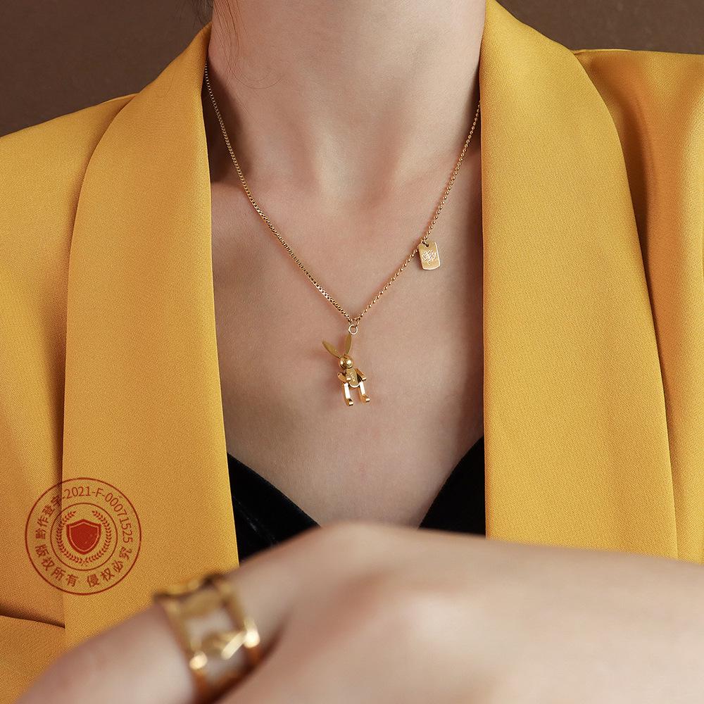 Playful Cute Rabbit Necklace: 18K Gold-Plated Titanium Steel with Letter Square Plate