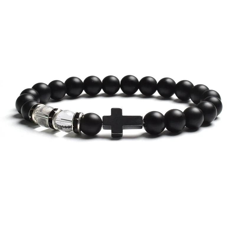 Fashion Religion Cross Men Women 8mm Natural Stone Tiger Eye & Black Matte Agates Bead Bracelet Elastic Bracelet Bangle Jewelry