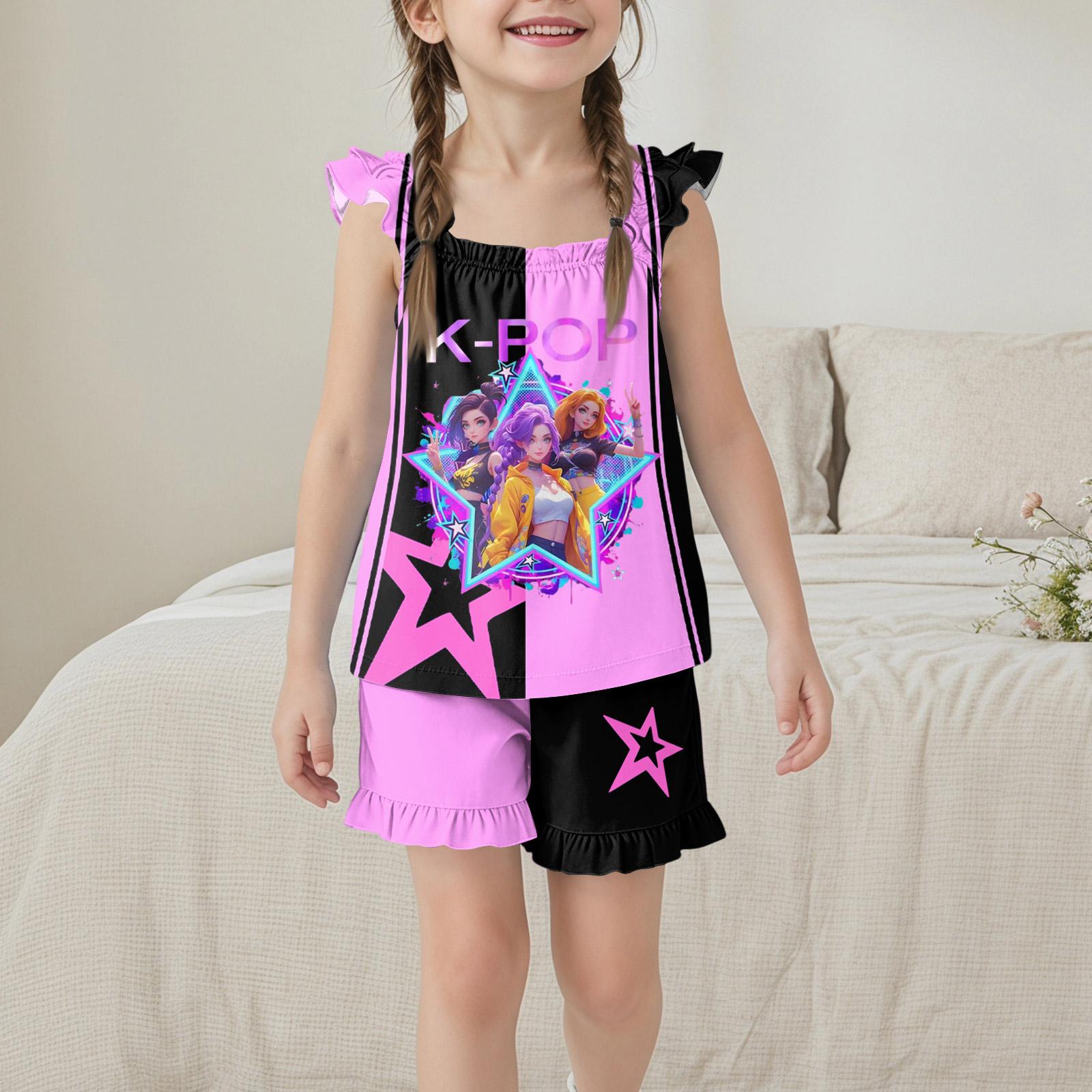 Girls Sleeveless Top and Shorts Set Casual Loose Fit Two Piece Outfit with Printed Design and Ruffle Trim Comfortable Summer Wear 160