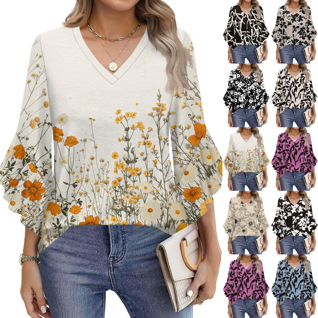 Blouses For Women Dressy Casual 3/4 Length Sleeve Womens Tops V Neck Tshirts Shirts With Flared Sleeve