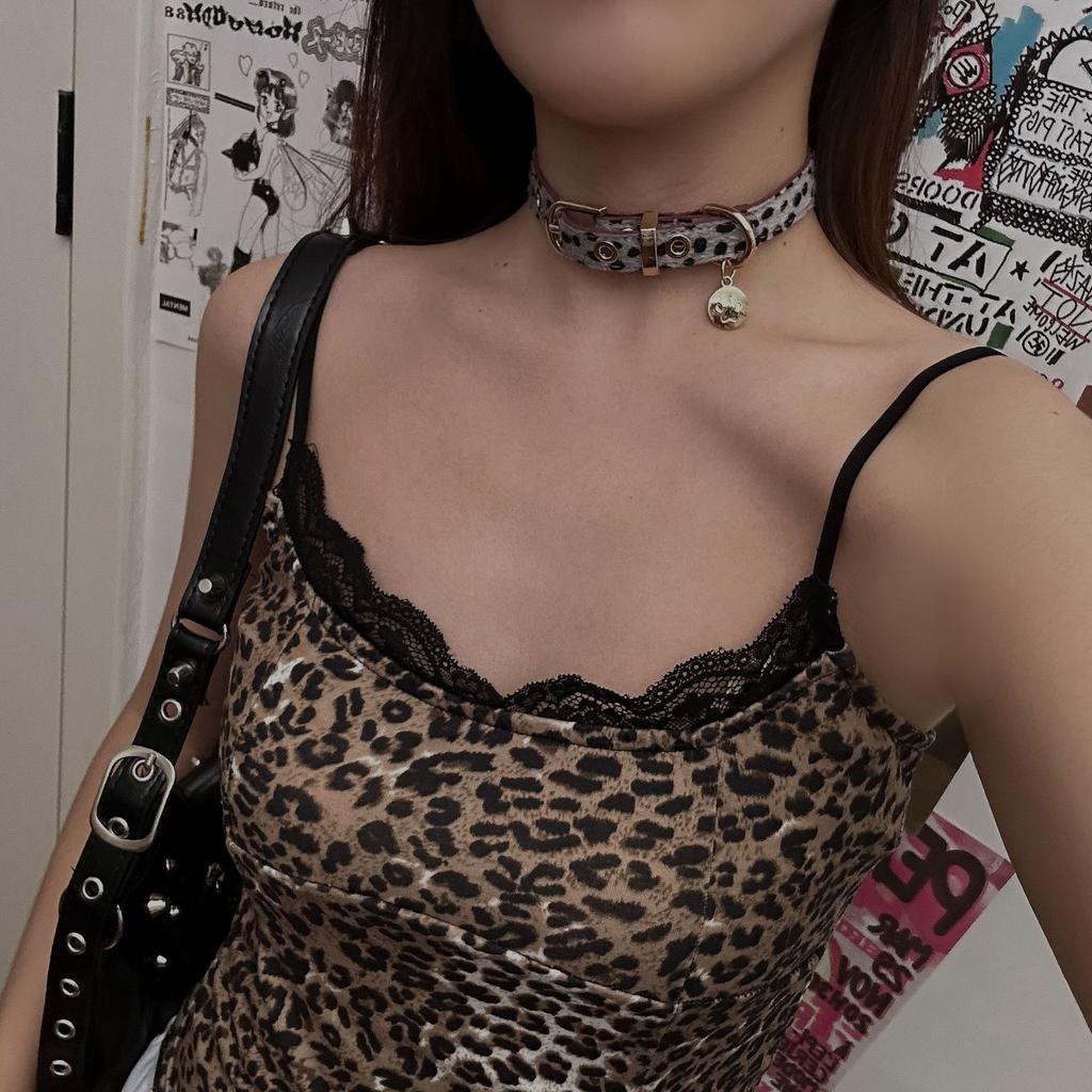 Personality Punk Sliver Color Circular Cat Paw Pendant PU Leather Zebra Leopard Print Collar Necklace for Women Y2K Jewelry Gift