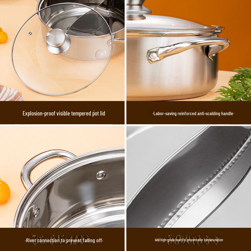 Extra-Thick Stainless Steel Double-Flavored Hot Pot - Large Capacity Shabu-Shabu & Dry Pot