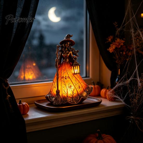Desktop Night Light for Bedroom Halloween Witch Tabletop Lamp, Gothic with Broom & Lantern, Retro Style Desk Lamp USB Powered Spooky Ambient