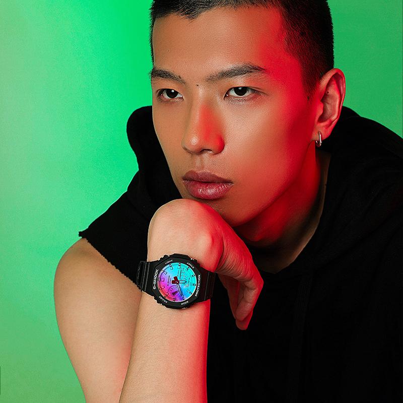Casio LCD/pointer dual display series, neon octagonal series, colorful laser mirror waterproof movement, quartz movement, resin strap, GA-2100SR-1APR