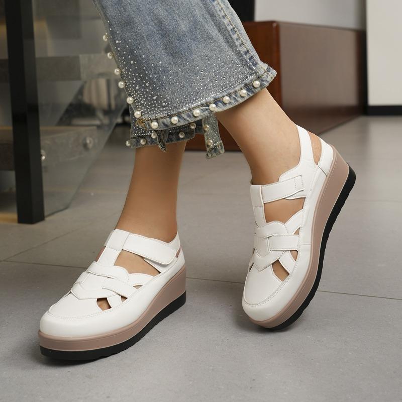 Women's Summer Hollow Wedge Thick-Soled Closed-Toe Roman Sandals, Retro Style, Available In Large Sizes.