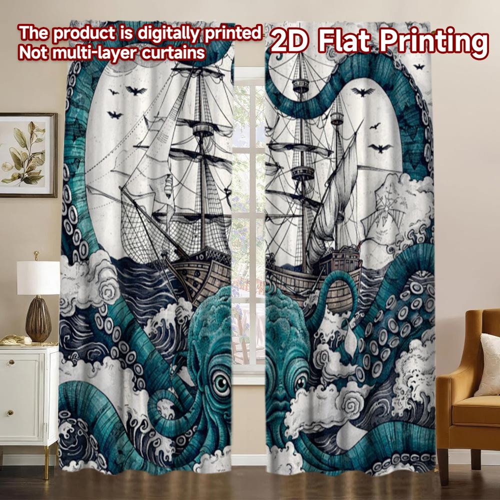 2D FLAT PRINTING 2pcs Curtains (Without Rod) Giant Octopus and Ship(1) Chic Curtains Durable Polyester Curtains Anniversary Gift 60×150cm