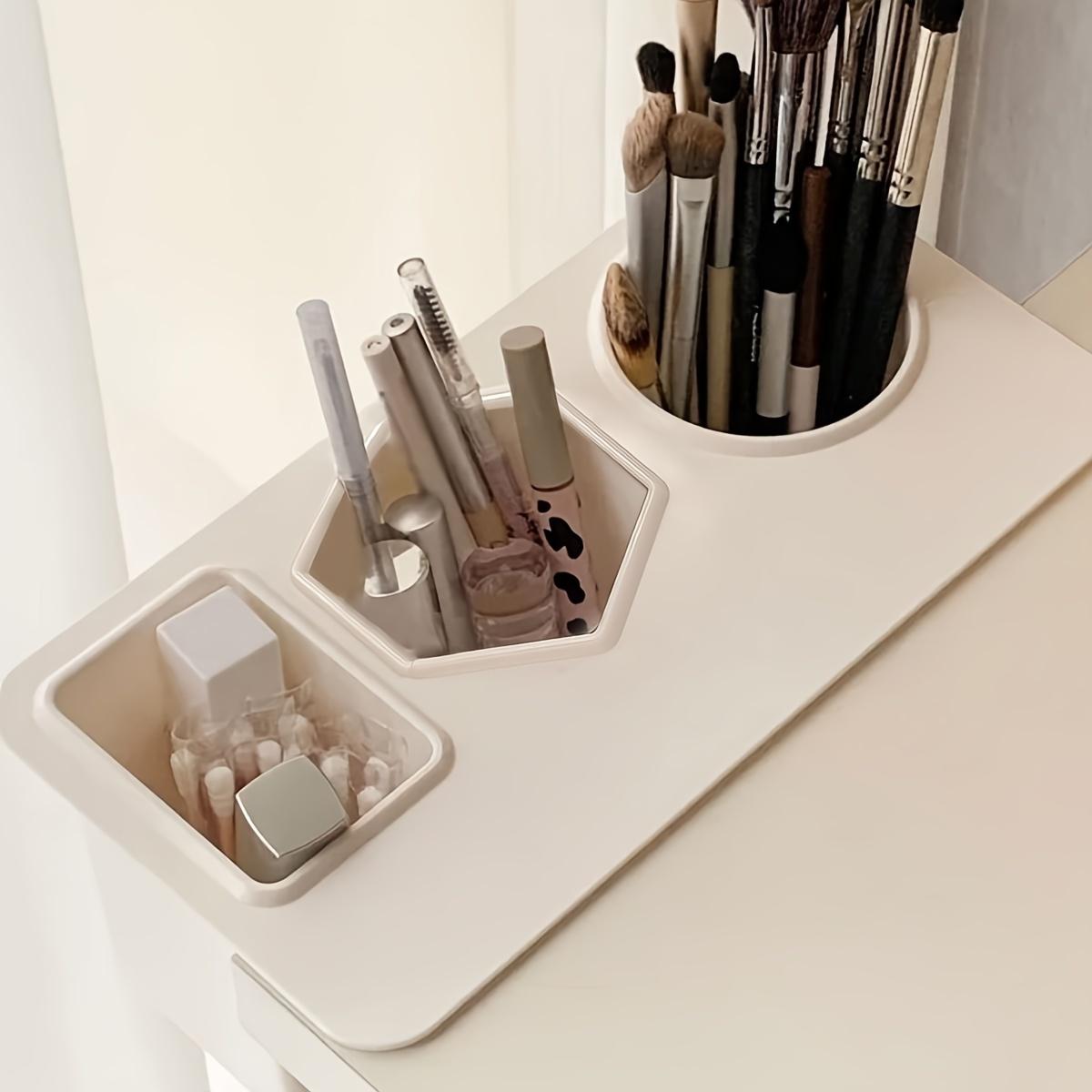 

Plastic Desk Organizer 3-Compartment Stick-On Storage Box Large Capacity for Makeup Brushes Lipsticks Pens Office School Use белый