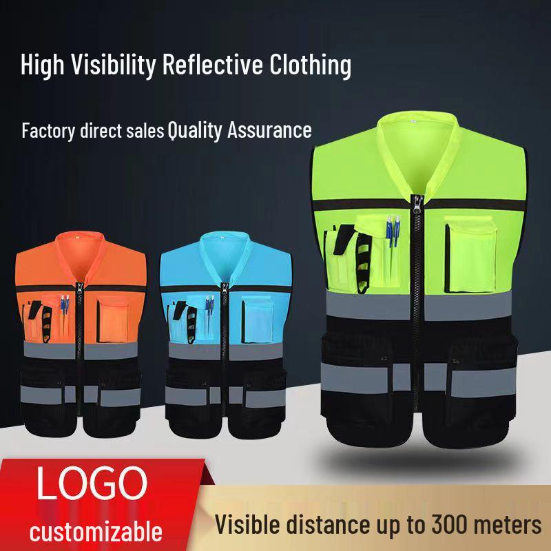 Multi-Pocket Fluorescent Reflective Vest for Construction and Riding