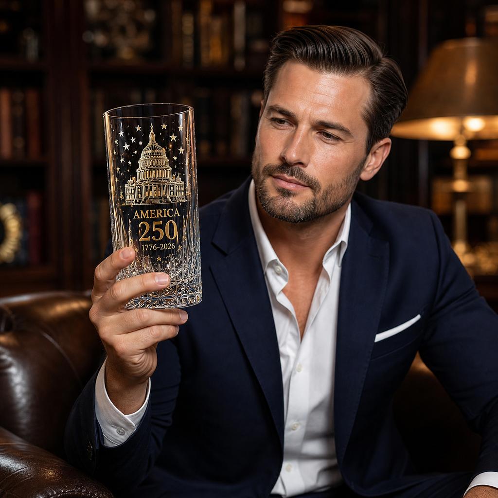 Commemorative 250th Anniversary Glass Tumbler Featuring Capitol Building Etching and Star Pattern Suitable for Collectors and Everyday Use