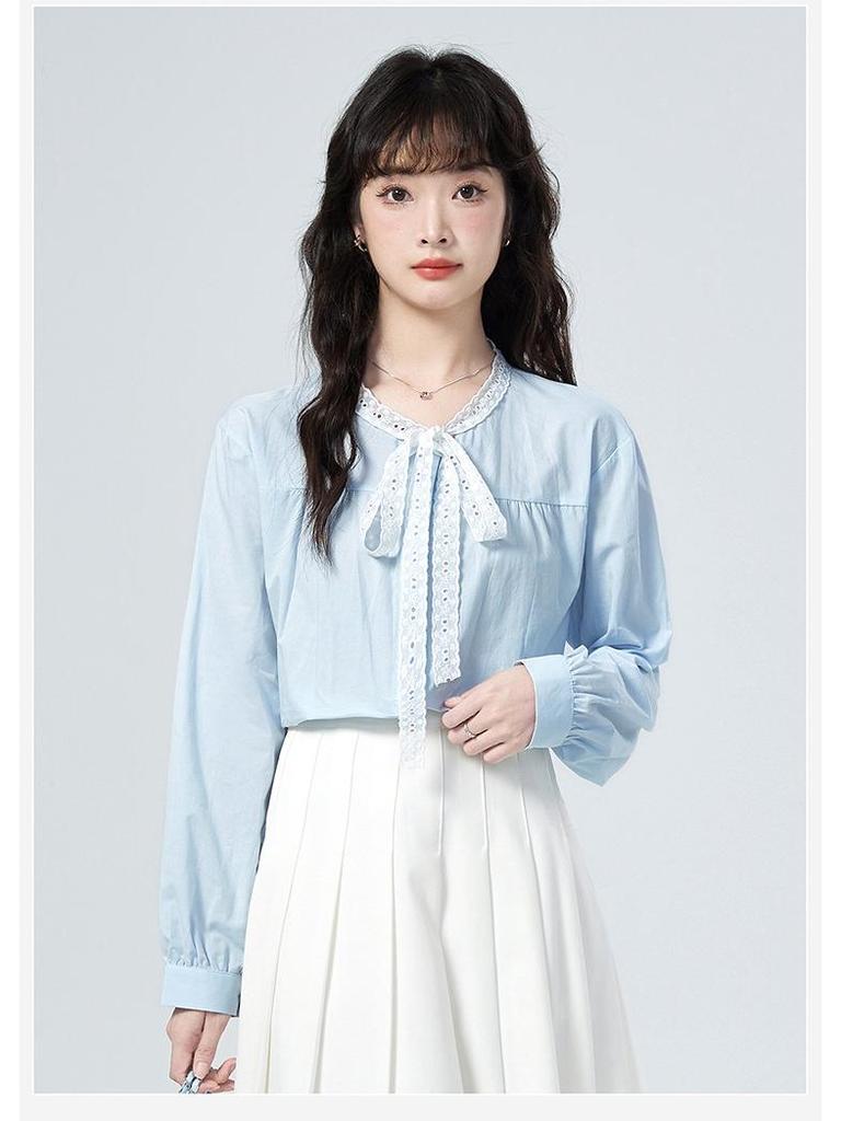 2026 Spring Lace Tie Loose Collar Long Sleeve Women's Shirt