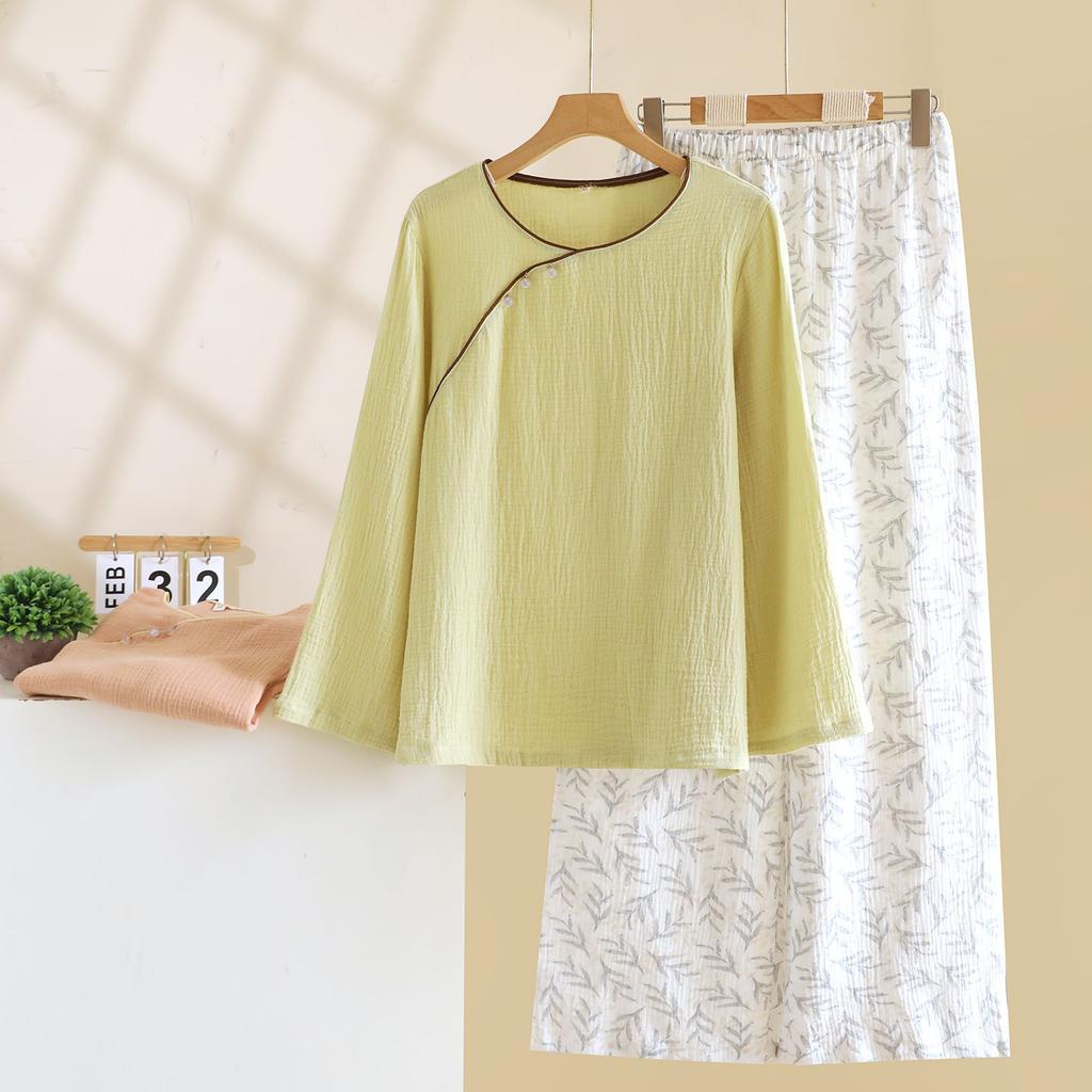 2026 Frühling und Herbst Neues Pyjama-Set 100% Baumwollkrepp Antiker Stil Einfach Langarm Lange Hose Zweiteiliges Hauskleidungs-Set