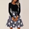 Women's Casual Fashion R-neck Long Sleeved Retro Christmas Print Retro Dress