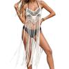 Beach Dress with Sequin Patchwork and Hand-knitted Straps. Long Flowing Fringes. Beach-style Cover-up Top for Women.