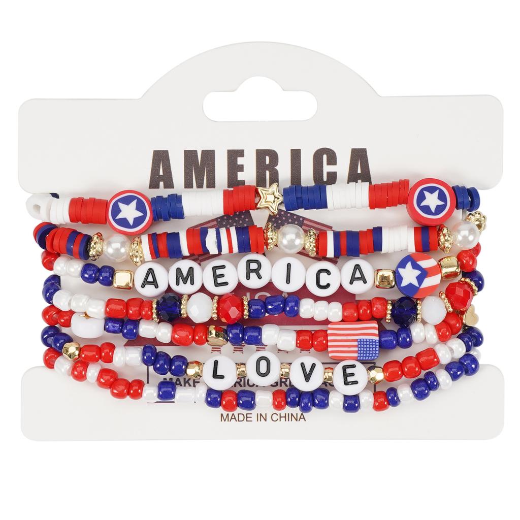 Pack of 6 Fashionable Patriotic Beaded Bracelets Elastic July 4th Jewelry Americans Flag Star Charm Party Accessories